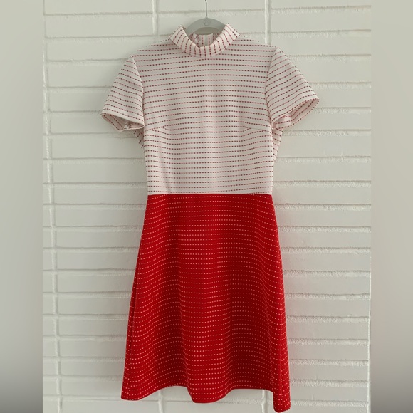 🎃 Vintage 50’s-60’s A-Line Mock Neck Red-White Polkadot Dress - Picture 1 of 10